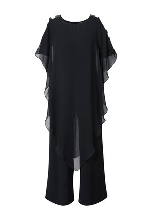 Zwarte chiffon tuniek met een vloeiende vorm, korte mouwen en een gedrapeerde uitstraling. Beschikt over een hoge halslijn en decoratieve accenten op de schouders.