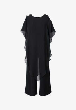Tunique noire en chiffon avec un design fluide, manches courtes et une forme drapée. Dotée d'un col haut et d'accents décoratifs aux épaules.