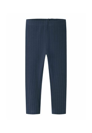 Leggings côtelés bleu marine avec une taille élastique, présentés à plat sur un fond blanc.