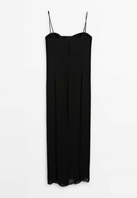 Schwarzes, ärmelloses Maxikleid mit Spaghettiträgern, das einen figurnahen Oberteil und einen ausgestellten Rock aufweist, aus leichtem, glattem Stoff gefertigt.