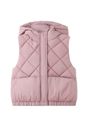 Veste matelassée rose sans manches avec capuche, boutons-pression à l'avant et ourlet élastiqué, posée à plat sur fond blanc.