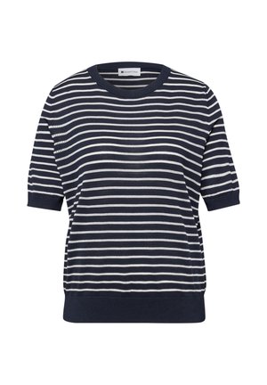 Marineblaues Kurzarm-Strickoberteil mit weißen horizontalen Streifen und geripptem Rundhalsausschnitt, Bündchen und Saum von Street One.