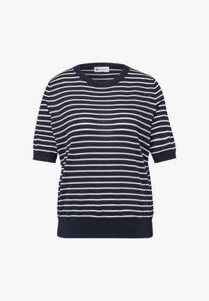 Granatowy, krótki sweter z dzianiny z białymi poziomymi paskami, z prążkowanym okrągłym dekoltem, mankietami i dołem od Street One.