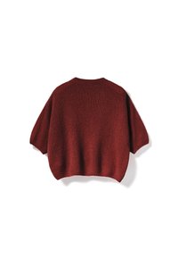 Adīta, īsa džempera sarkanos toņos. Tam ir apaļš izgriezums, platas īsas piedurknes un teksturēts materiāls ar brīvu pieguļojumu.