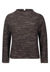Pull noir texturé avec un col légèrement haut, des manches longues et une fente dans le dos, présentant un motif tissé avec des accents de fil plus clair.