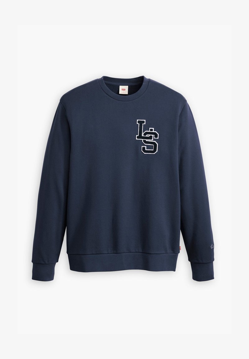 Sötétkék, hosszú ujjú toppal ellátott crewneck pulóver, bordás mandzsettákkal és szegéssel, fehér "LS" felirattal a bal mellrészen.