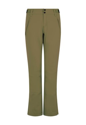 Olijfgroene broek van rekbaar materiaal. Beschikt over twee zijzakken, een ritssluiting met twee knopen en taps toelopende pijpen die aan de zoom breder zijn.