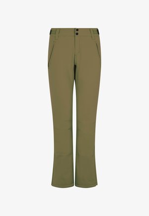 Olijfgroene broek van rekbaar materiaal. Beschikt over twee zijzakken, een ritssluiting met twee knopen en taps toelopende pijpen die aan de zoom breder zijn.