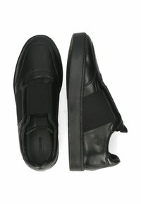 Schwarze Leder-Schlüpfschuhe mit elastischen Einsätzen, glatter Textur, runder Zehenform und flacher Sohle. Nähte auf dem Obermaterial.