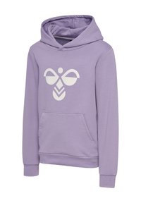Sweat à capuche lavande avec poche kangourou et motif d'abeille géométrique blanche sur la poitrine, présenté sur fond blanc uni.