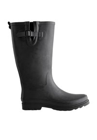 Sort gummistøvle til knæet med glat tekstur, justerbar rem og spænde samt mønstret sål for bedre greb.