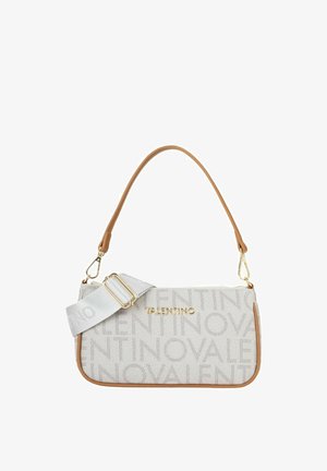 Sac bandoulière Valentino en tissu gris clair avec motif logo, accents en cuir marron clair, ferrures dorées et une bandoulière amovible.