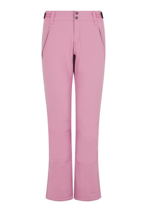 Pink ski pants with a softshell material, two front pockets, zippered closure, and a flared leg design for enhanced mobility.