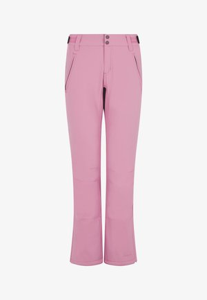 Różowe spodnie narciarskie z materiału softshell, dwoma przednimi kieszeniami, zapięciem na zamek oraz rozszerzanym krojem nogawek, co zapewnia lepszą swobodę ruchów.