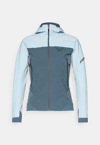 Šviesiai mėlynas ir tamsiai mėlynas gobtuvėlis, pagamintas iš tekstūruoto audinio, su priekiniais užtrauktukais, šoninėmis kišenėmis ir logotipu ant rankovės.