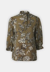 Bloes met bloemenprint in mosterdgeel en zwart. Heeft een hoge hals, lange opgeblazen mouwen en elastische manchetten. Zachte stoftextuur.
