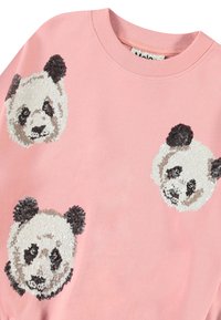 Pink sweatshirt featuring three panda faces made of multi-colored sequins, with black and brown accents on a soft fabric.
