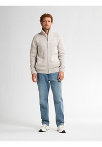 Vaaleanharmaa neulepaita, jossa on korkea kaulus, etuvetoketju ja ribbireunukset; yhdistettynä vaaleansiinisiin farkkuihin ja valkoisiin tennareihin.