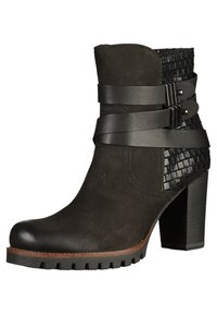 Bottine noire à talons hauts avec dos texturé, deux brides en cuir avec boucles métalliques, et une semelle robuste.