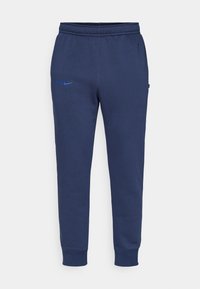 Granatowe dresy wykonane z mieszanki bawełny, z elastycznym pasem i mankietami, z niebieskim logo "CFC" oraz logiem Nike na udzie.