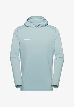 Chemise à capuche à manches longues de couleur bleu clair avec un petit logo "MAMMUT" sur la poitrine et un logo rond sur la manche gauche.