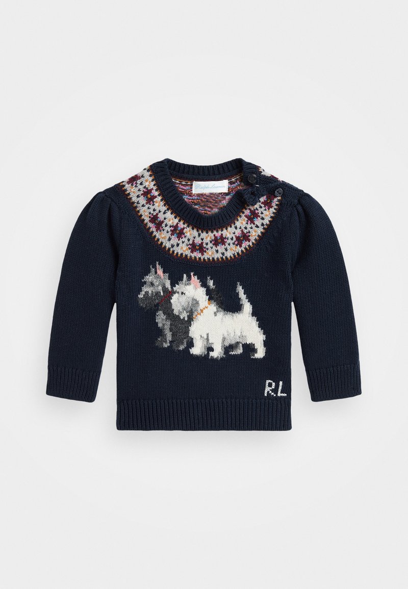 Jūras spēku adīts džemperis ar rakstainu jociņu, kas ietver divus suņus adījuma dizainā. Ribota piedurkņu un apakšmalas apdare, ar pogu detaļu un "R.L." burtiem.