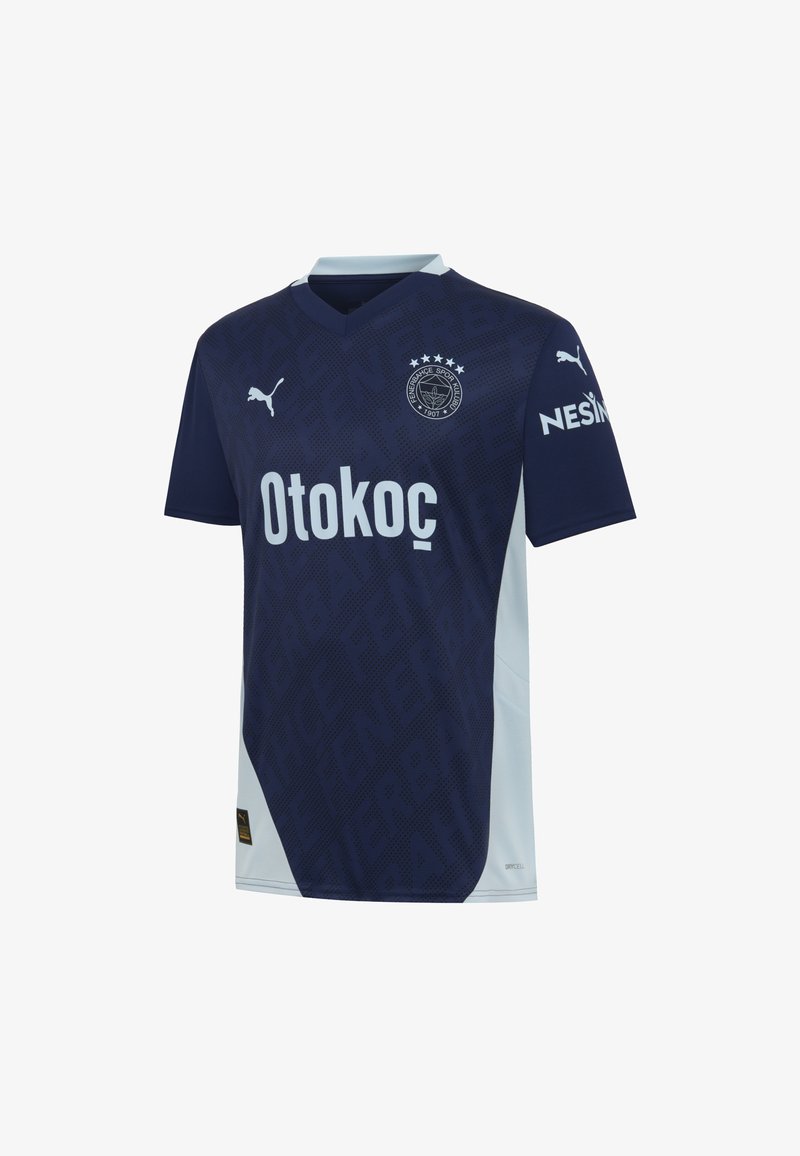 Tamsiai mėlynos spalvos futbolo marškiniai su V-formos iškirpte, turintys tekstūruotą raštą, kontrastingas šviesiai mėlynas akcentas ir Puma logotipas ant peties.