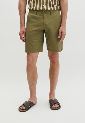 Man draagt olijfgroene knielange shorts, een bruin gestreept overhemd en donkerbruine slippers op een effen achtergrond.