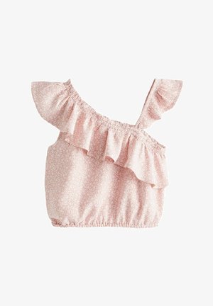 Lyserød stoftop med en rynket skulderrem, elastisk kant og hvidt blomstermønster over det hele. Let, struktureret materiale.
