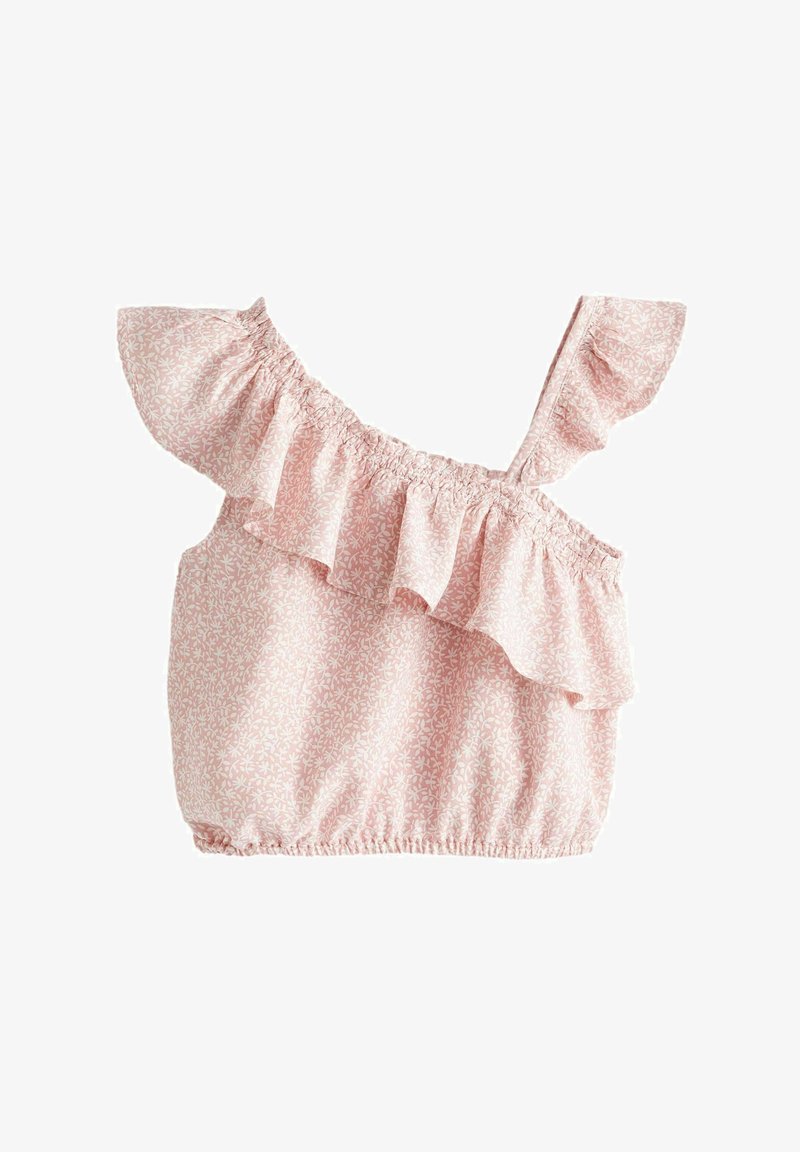 Top in tessuto rosa con una spallina arricciata, orlo elasticizzato e motivo floreale bianco su tutto il capo. Materiale leggero e testurizzato.