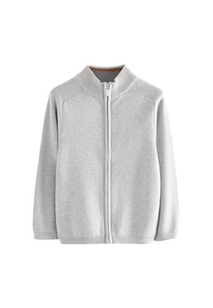 Cardigan à fermeture éclair en maille gris clair avec col, poignets et ourlet côtelés, présenté sur un fond blanc.