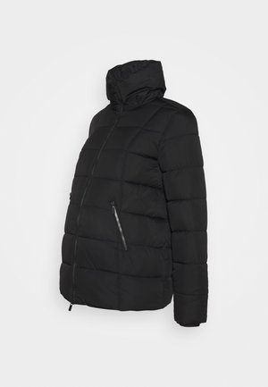 Veste matelassée noire avec col haut, fermeture éclair frontale et poches latérales zippées, présentée sur fond blanc.