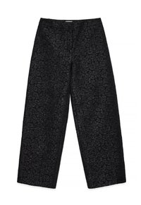 Wide-leg black trousers featuring textured fabric with a subtle pattern. The design includes a high waist and no visible fastenings.