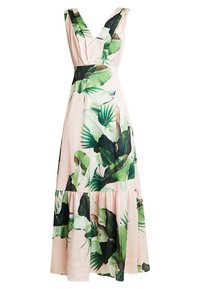 Robe longue fleurie en tissu rose doux avec motifs de feuilles tropicales vertes. Comprend un décolleté en V, une taille cintrée et un ourlet volanté.