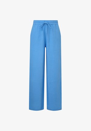Pantalon large bleu clair en tissu texturé, taille élastique et lien coulissant à l'avant.