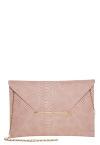 Pale pink clutch bag with a textured snake skin pattern, gold hardware accent, and a detachable gold chain strap. Envelope-style design.