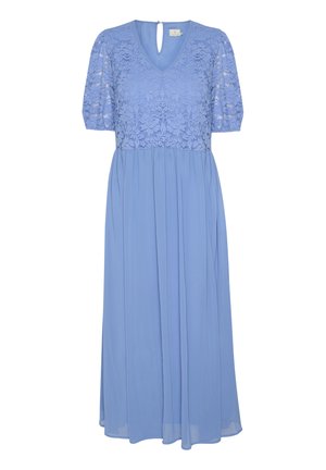 Light blue dress with a floral lace bodice, V-neckline, short puff sleeves, and a flowy skirt, featuring a keyhole back detail.