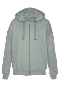 Sudadera con cremallera en gris verdoso, hecha de un tejido suave, que presenta una capucha, cordones y puños acanalados. Diseño sencillo sin patrones visibles.