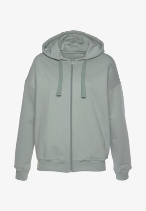 Siva-zeleni zip-up hoodie izrađen od glatkog materijala, s kapuljačom, vezicama i rebrastim manžetama. Jednostavan dizajn bez vidljivih uzoraka.