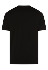 T-shirt noir à manches courtes en coton avec un col rond. Texture lisse, design uni et coupe droite sans graphiques ni motifs visibles.