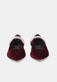 Bailarinas de terciopelo burdeos con puntera puntiaguda y una cinta ancha decorada con rhinestones transparentes a lo largo del empeine. Textura suave, diseño elegante.