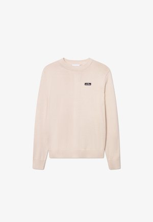 Beige genser med rund hals laget av mykt stoff. Har ribbestrikkede mansjetter og nederkant, med et lite svart logo-merke på brystet. Klassisk passform.