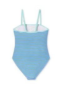 Bañador de una pieza con rayas verticales en azul y blanco, con tirantes en azul claro y una textura suave y ligeramente elástica.