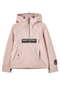 Lyserød pulloverjakke med hætte, frontlynlås og stor brystlomme med logo. Elastiske manchetter og justerbar nederste kant med snore.