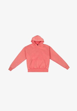 Korálovo ružová mikina s predným vreckom, nastaviteľnou kapucňou so sťahovacou šnúrkou a rebrovanými manžetami a spodným okrajom. Vyrobené z mäkkého bavlneného materiálu.