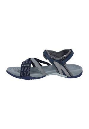 Single navy and gray open-toe sports sandal with adjustable straps and textured footbed, designed for outdoor use.