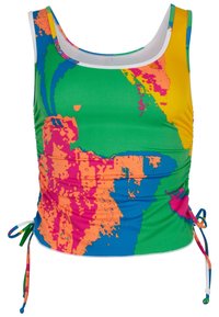Débardeur cropped sans manches multicolore avec des motifs abstraits en vert fluide, bleu, orange, rose et jaune, avec des liens froncés sur les côtés et une bordure blanche.