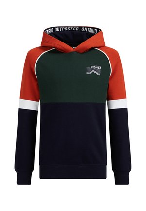 Sweat à capuche avec épaules orange, poitrine vert foncé, bas du corps et manches bleu marine, rayures blanches sur les manches, et logo de montagne "Discover" sur la poitrine.