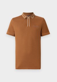 Brūns polo krekls no teksturētas auduma, ar divu pogu apdari un baltajām svītrām ap kaklu. Izšūts logo uz krūtīm.