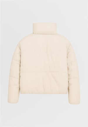 Giacca a vento color crema con colletto alto, design trapuntato e texture liscia. Presenta una vestibilità ampia e nessuna chiusura visibile.